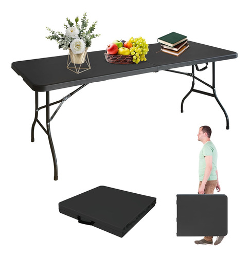 Portable 6ft Folding Table, Heavy Duty Plastic Fold-in-half 