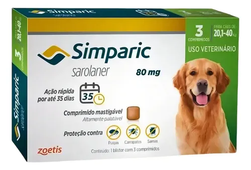 Simparic Antiparasitário 80mg Cães 20-40kg Pulgas Carrapatos Sarn...
