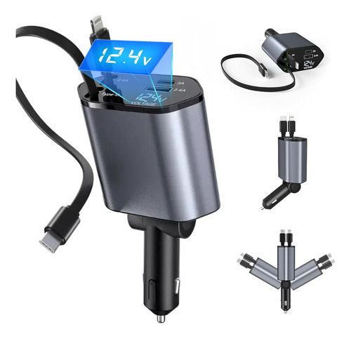 4 En 1 cargador retráctil de coche de carga rápida de 120w cargador carga rapida gris oscuro cables 80cm Vone usb-c color negro