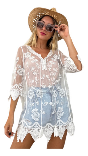 Kimono Importado Corto Blusa Tul Playa Verano Camisola Malla