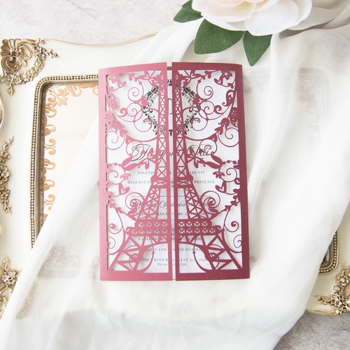 Imagen 1 de 6 de 80 Tarjetas  Boda 15 Años Con Sobre Calado Torre Eiffel