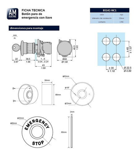 Boton Paro Emergencia Con Llave Na Nc Y Anillo 22mm