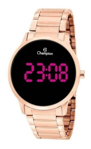 Relógio de pulso Champion CH40142 com corpo ouro rosa,  digital, para feminino, fundo  preto, com correia de aço cor ouro rosa, subdials de cor rosa, ponteiro de minutos/segundos rosa, bisel cor ouro rosa