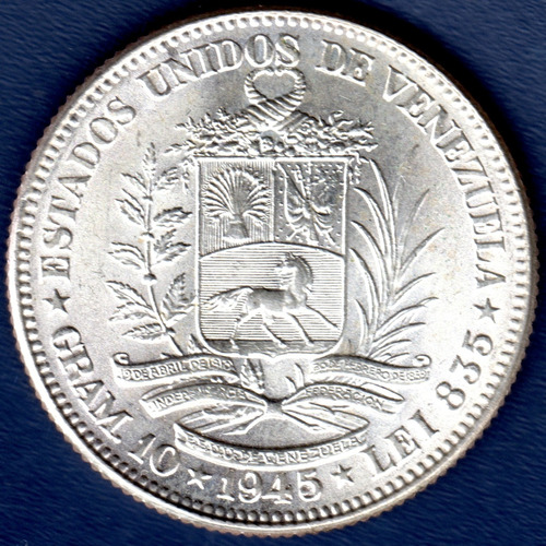 Moneda De Plata De 2 Bolívares Del Año 1945