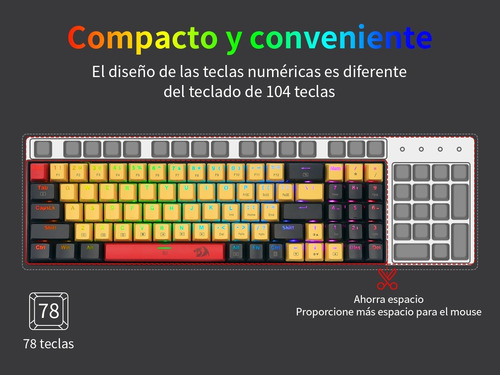 Imagen 2 de 8 de Teclado Gamer Ergonómico De 78 Teclas Con Cable Y Luz Rgb