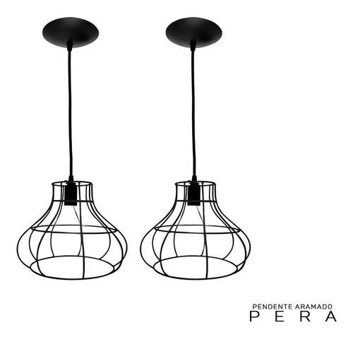 Imagem 4 de 5 de Kit 2 Pendentes Aramado Pera Retro Linha Casa Baier Preto