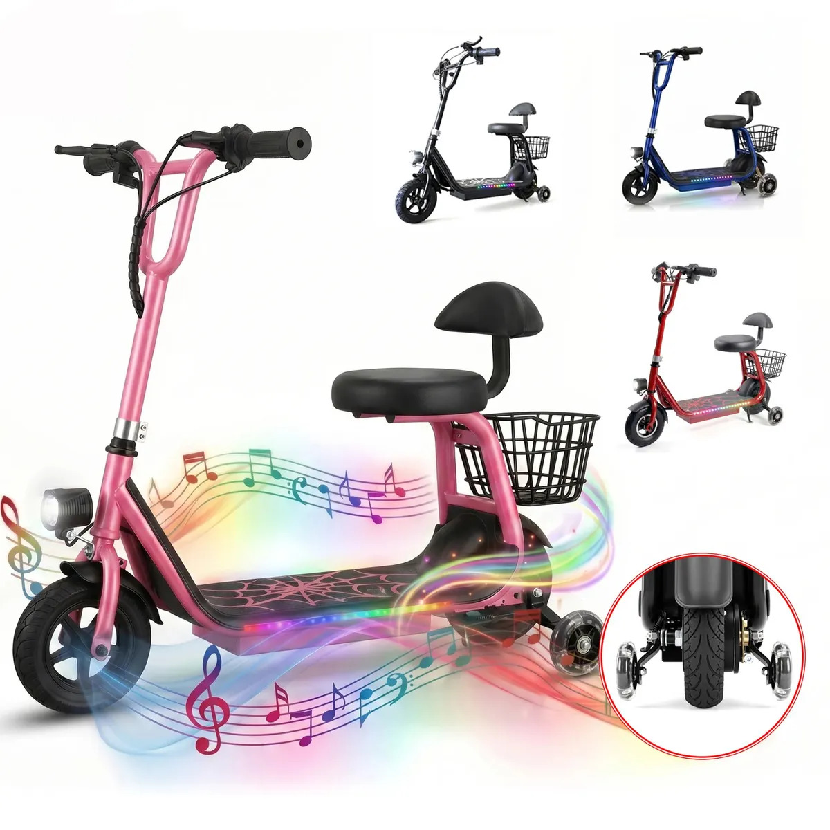 KORR Patinete Elétrico Scooter XXH 300W Bluetooth 3 Velocidades Com Rodas Auxiliares 18km/h Adulto Bateria 18650 Rosa