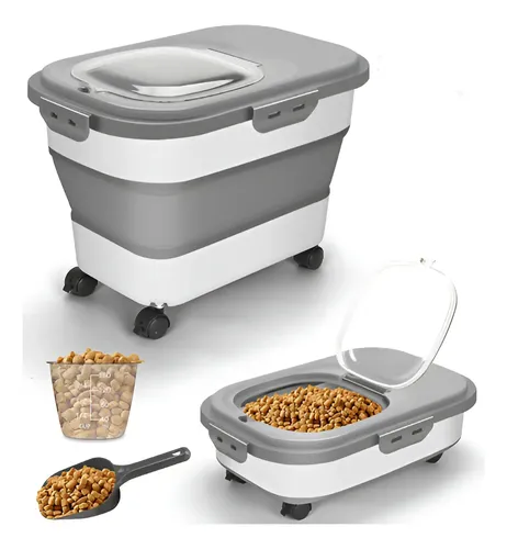 Contenedor Hermético Comida Mascota Waggs 20l Plegable Rueda Rayas Gris