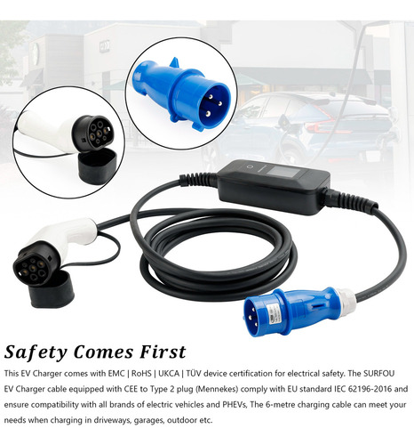 Cargador Cee De 3 Pines Tipo 2 Ev, Ajustable, 32 A, Digital,