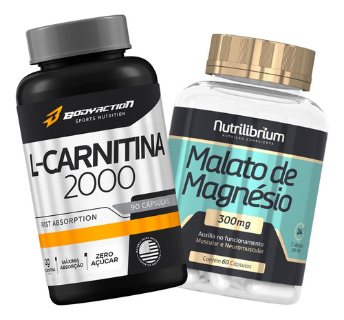 Kit L-carnitina 2000mg 90 Caps + Magnésio Malato 60 Cápsulas Sabor Sem Sabor