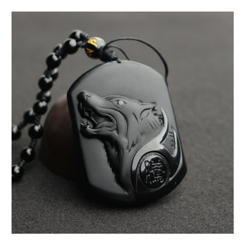 Imagen 2 de 8 de Collar Cabeza De Lobo Piedra De Obsidiana Natural