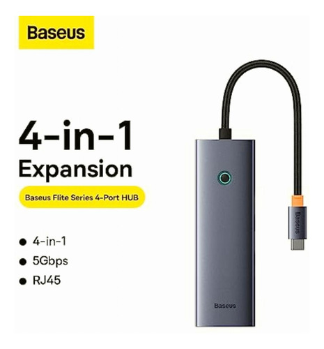 Baseus Usb-c Flite Series Hub De 4 Puertos, Rj45 Y 3 Usb3.0,