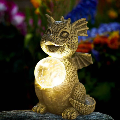 Qeeman Estatua Dragon Jardin Luz Led Alimentada Energia Bola