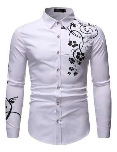 Elegante Camisa Negra Estampada Flores Doradas Hombre