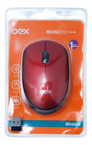 Mouse Sem Fio 1200 Dpi Cosy Oex Ms409 Vermelho E Preto