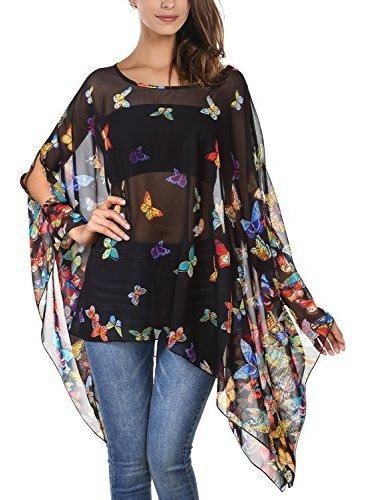 Djt Womens Floral Impreso Gasa Caftan Poncho Tunica Top