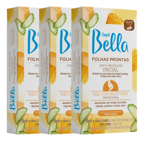 Kit 3 Cx Folhas Prontas Facial Mel C/ Aloe Vera Depil Bella