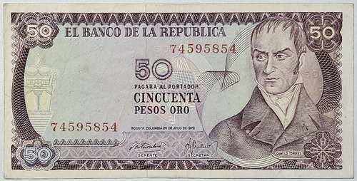 Billete 50 Pesos 20/jul/1973 8 Digitos Colombia Vf