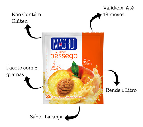 Refresco Em Pó Sabor Pêssego Zero Açúcar Magro 8g Kit Com 15