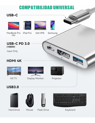 Tipo C A Hdmi 4k Hub Convertidor Hub Usb3.0 3 En 1 Adaptador