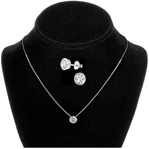 Set Conjunto Cadena Collar Aros Punto De Luz Plata 925 Joyas