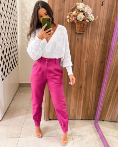 Calça Mom Sarja Cenoura Rosa Pink Bege Com Pregas Blogueira