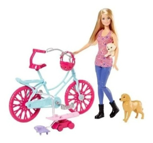 Set De Barbie En Bicicleta Con Sus Cachorros.