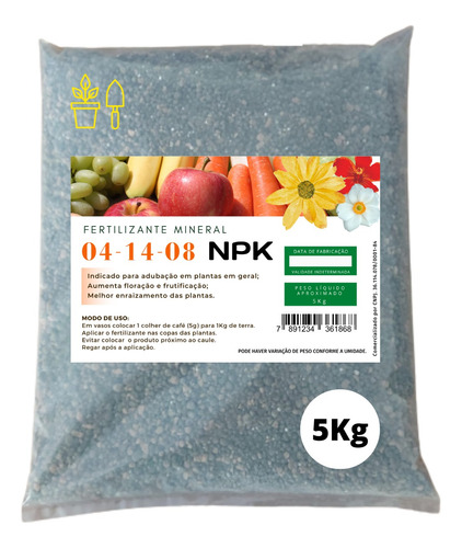 Fertilizante Npk 04 14 08 Para Plantas E Flores Floração 5kg