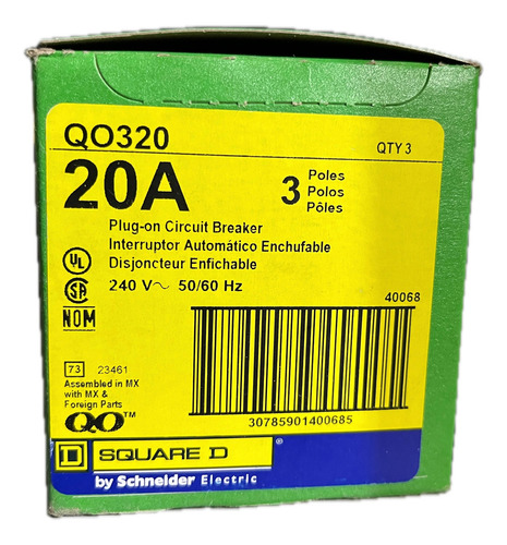 Interruptor Termomagnético Qo320 Square D 3p 20a Enchufable