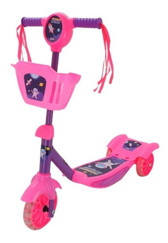 Patinete Infantil Musical Rosa 3 Rodas Luzes E Cestinha Cor Rosa Espacial Aventura No Espaço