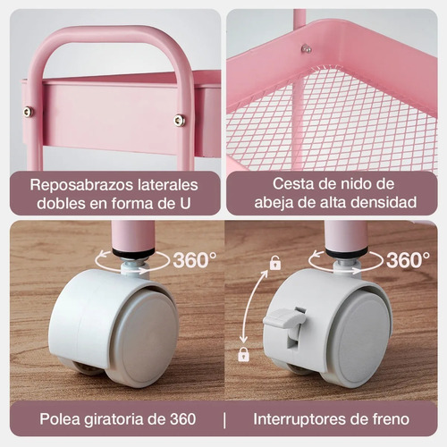 Carrito Organizador Multiusos De Metal, 3 Niveles Y Ruedas Rosa Claro