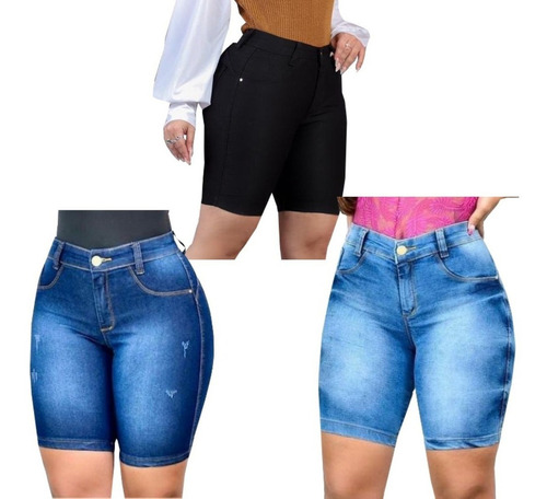 Kit 03 Short Jeans Feminino Cintura Alta Levanta Bumbum