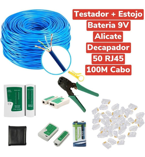 Kit 100m Cabo Rede + Alicate + Testador + Bateria+ 50 Rj45