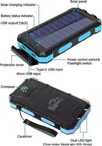 Imagen 2 de 5 de Power Bank Solar 20.000mah Cargador Portatil Con Linterna