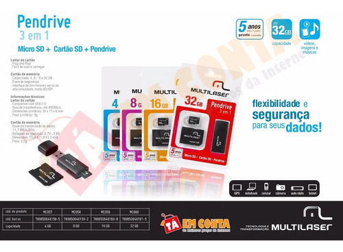 3 Em 1 Micro Sd 16gb Cartão Sd Pendrive Adaptador Multilaser