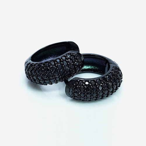 Imagem 6 de 7 de Brinco Feminino Argola Zirconia Negra Banhado Ródio Negro