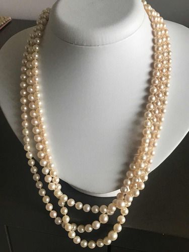 Colar Em Pérola Barroca-3 Fios. Ouro Branco 18k.81.6 Gr.