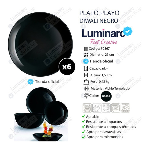 Plato Playo Luminarc Diwali Templado Colores A Eleccion X6