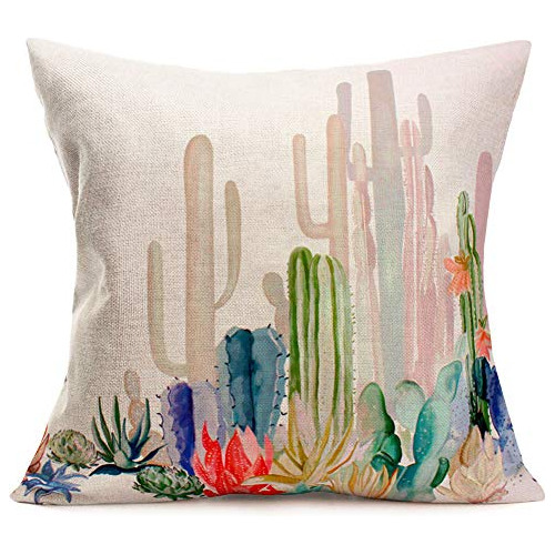 Fundas De Almohada De Cactus De Algodón Y Lino Plantas...