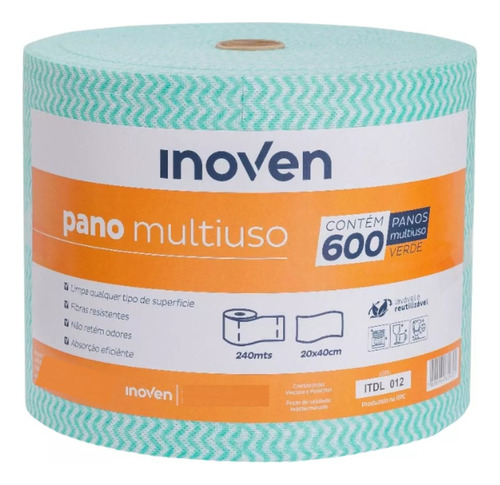 600 Panos Multiuso Perfex 20x40cm Inoven Rolo 240m Limpeza Cor Verde