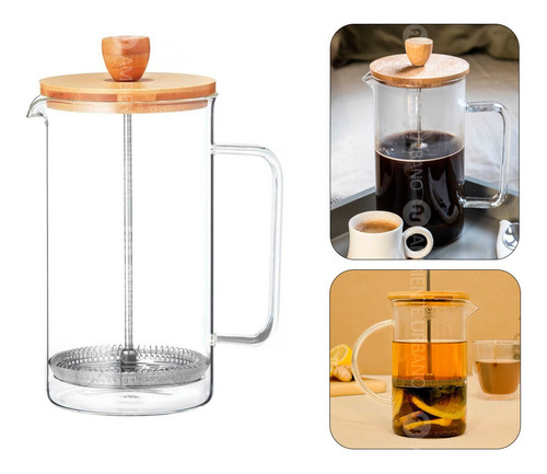 Cafetera Manual Prensa Con Embolo Vidrio Y Tapa Bambu 600ml 