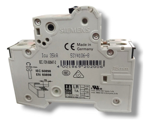 Siemens 5sy4106-8 Mcb D6 Con 5st3010 (Usado)