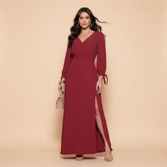 Vestido Longo Feminino Amarração Punho Detalhe Cintura Fenda