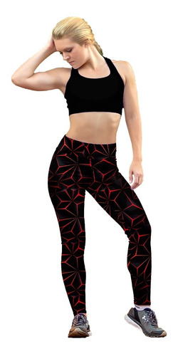 Leggin Dama Sublimado En Licra Negro Luces  Rojas Formas 