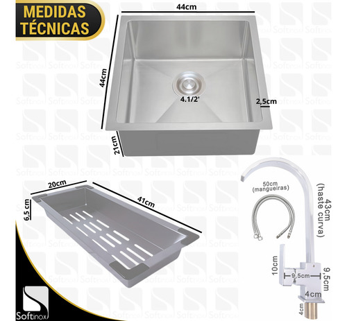 Kit Cuba Gourmet Cozinha 44x44 Inox Com Torneira Monocomando Cor Escovado