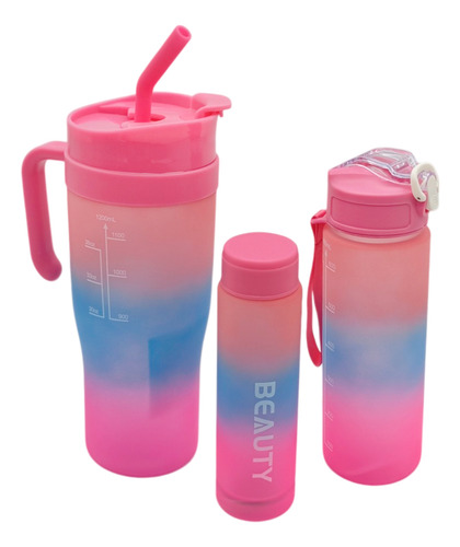 Set 3 botellas deportiva motivacional plástico Hsk color rosa 1200mL 800mL 200mL