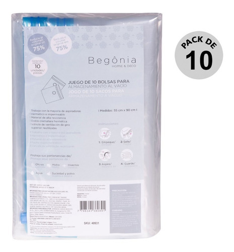 Set X10 Bolsas Para Almacenamiento Al Vacío 55x90cm Begônia