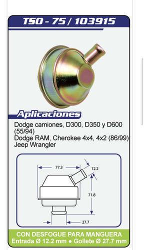 Tapa Llenado De Aceite Tso-75 / Dodge. D-300 D-350 Ram Jeep 