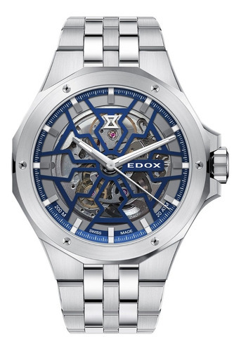 Relógio masculino automático Edox Delfin Mecano, cor original, pulseira, cor: prata, moldura, cor de fundo, cor de fundo, esqueleto