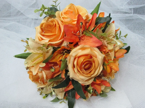 Buquê Noiva Artificial Casamento Rosas E Lírios Laranja | Frete grátis